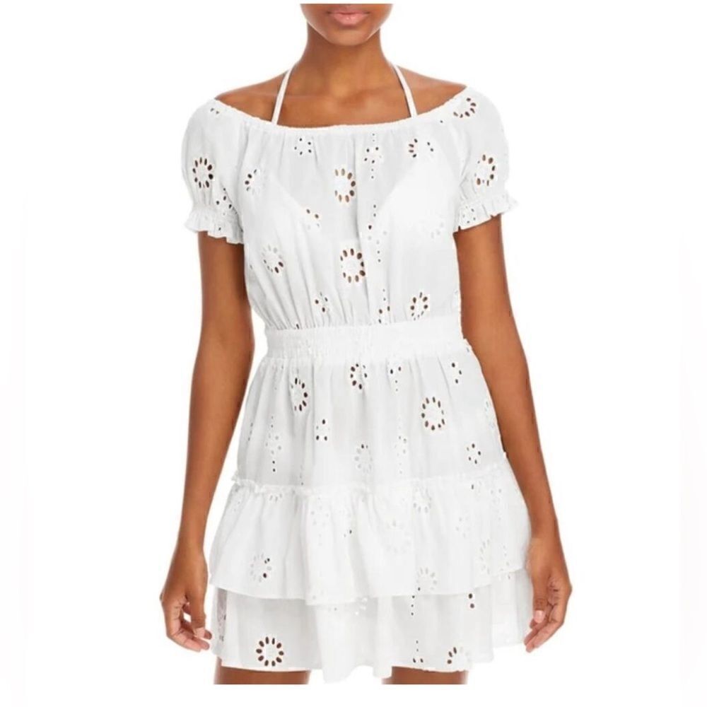 NWT Aqua Swim Ivory White Cotton Eyelet Floral Peasant Off The Shoulder Cover-up